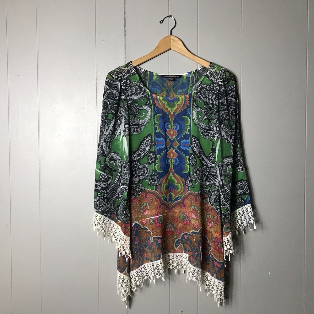 MUSHKA by SIENNA ROSE SHEER PAISLEY KAFTAN TUNIC LACE HEMLINE WOMENS SIZE MEDIUM